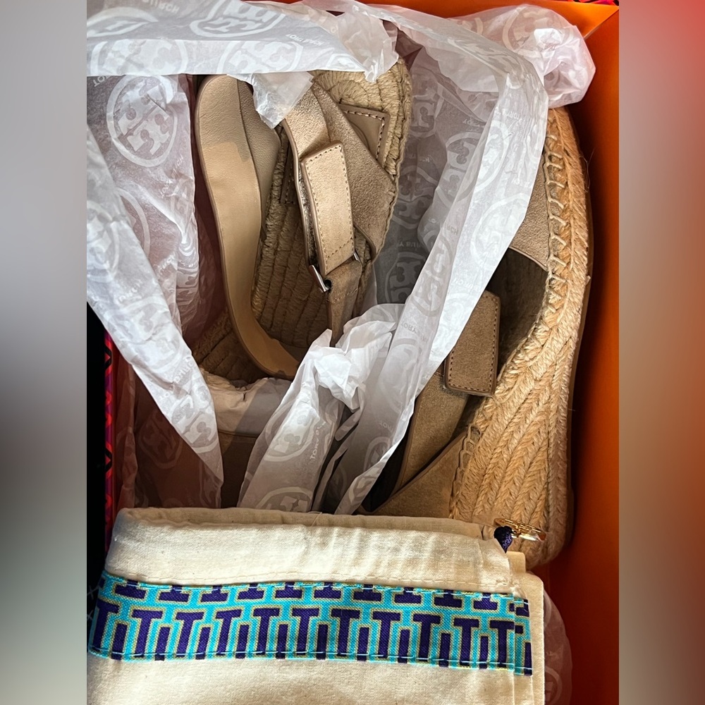 TORY BURCH Beige Espadrille Wedge Sandals - Picture 7 of 9